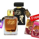 Anfar Oudh Al Qamar perfume set: 100ml clear and black bottles with a free 20ml pocket spray.