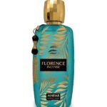 Teal Florence Incense perfume bottle by Anfar with gold palm leaf designs, faceted gold cap, and beaded charm.