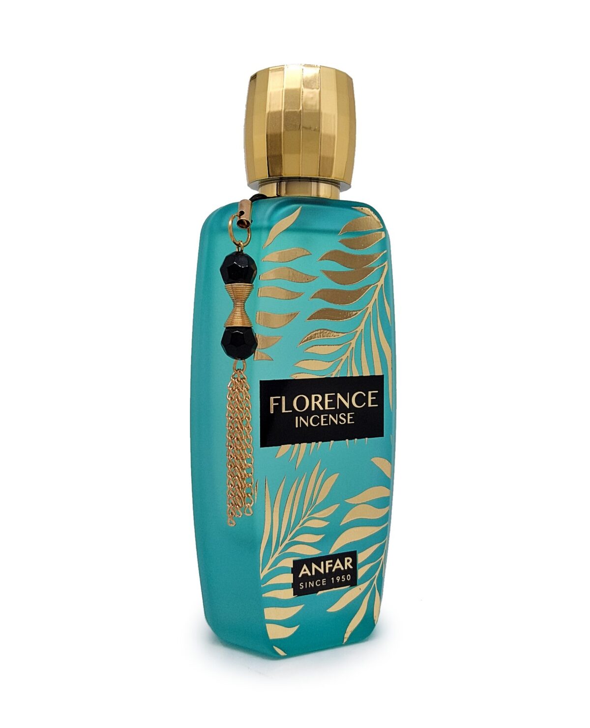Teal Florence Incense perfume bottle by Anfar with gold palm leaf designs, faceted gold cap, and beaded charm.