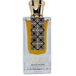 Dhahab Khusoosi perfume bottle with amber liquid, an ornate gold cap, and a black and gold patterned label.