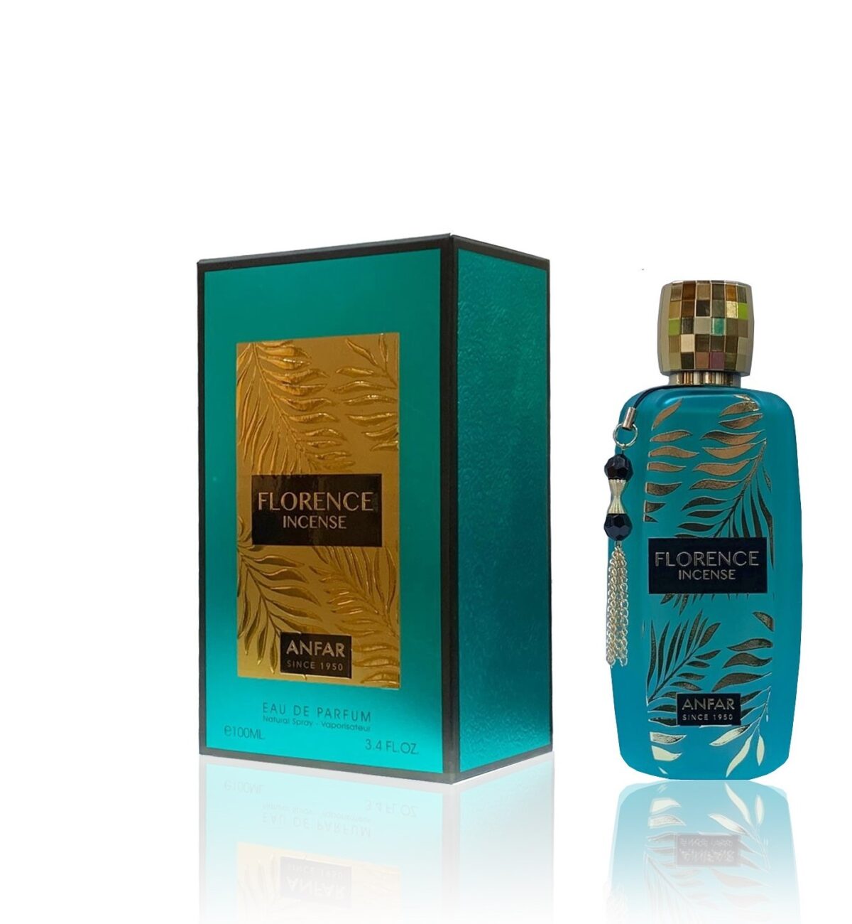 Teal bottle and box of Florence Incense Eau de Parfum by Anfar, decorated with gold palm leaf patterns