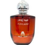 A 100ml bottle of Anfar Oud Laosi perfume in dark amber glass with an ornate silver crown cap and white text.