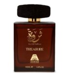 Anfar Treasure Eau de Parfum in a dark brown bottle with gold lettering and a black textured cap.
