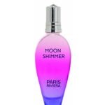 Paris Riviera Moon Shimmer perfume in a pink and blue gradient teardrop-shaped bottle with a silver cap.