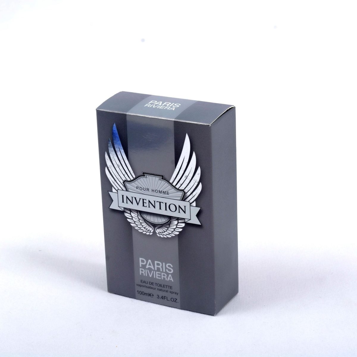 Paris Riviera Invention Pour Homme grey perfume box with a silver winged crest. 100ml Eau De Toilette.