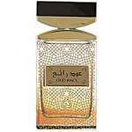 Adyan Oud Rae'e perfume bottle with an intricate gold filigree pattern and a gold and black cap.
