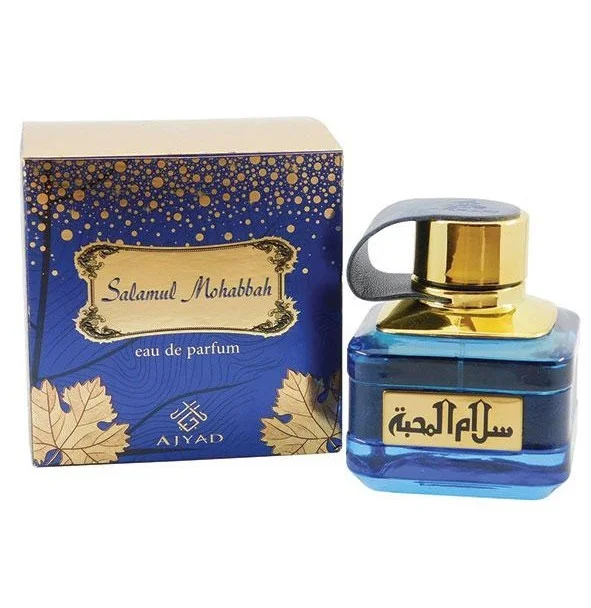 Ajyad Salamul Mohabbah Eau de Parfum: a deep blue and gold ornate box beside its matching square blue perfume bottle.
